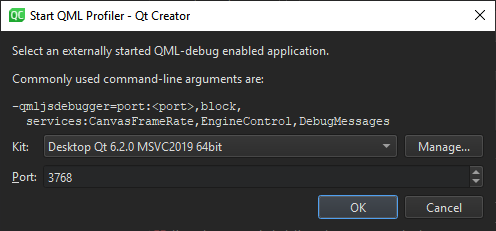 "Start QML Profiler dialog"