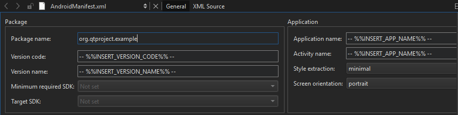 "Package info in Android Manifest Editor"