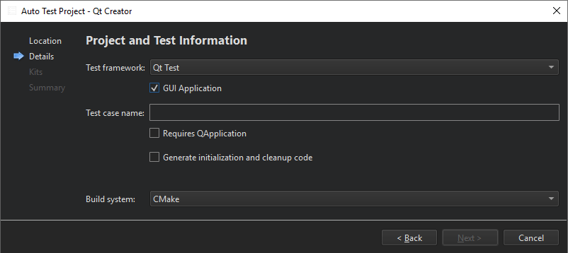 "Autotest project wizard - Qt Test"