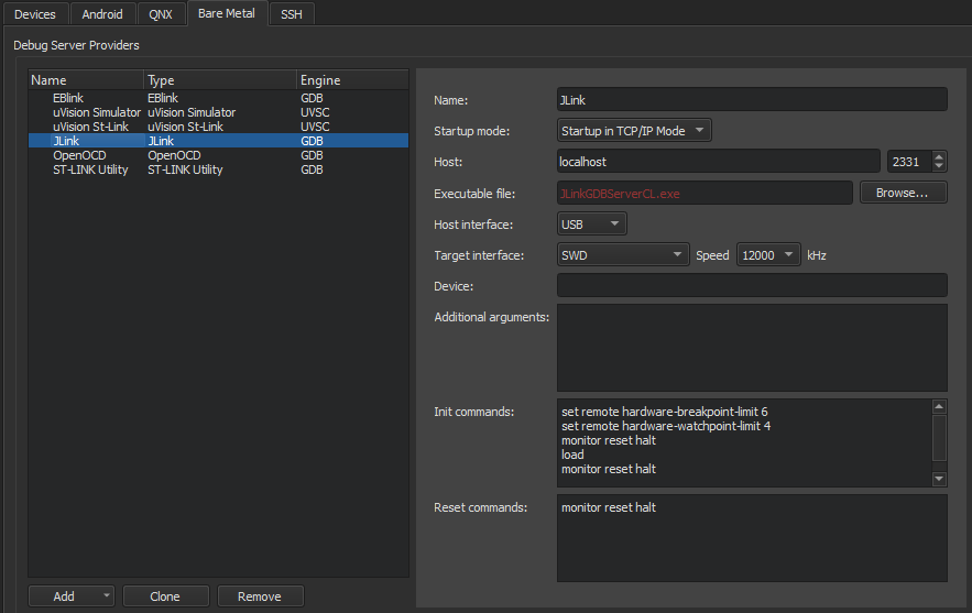 "Bare metal device preferences for J-Link"