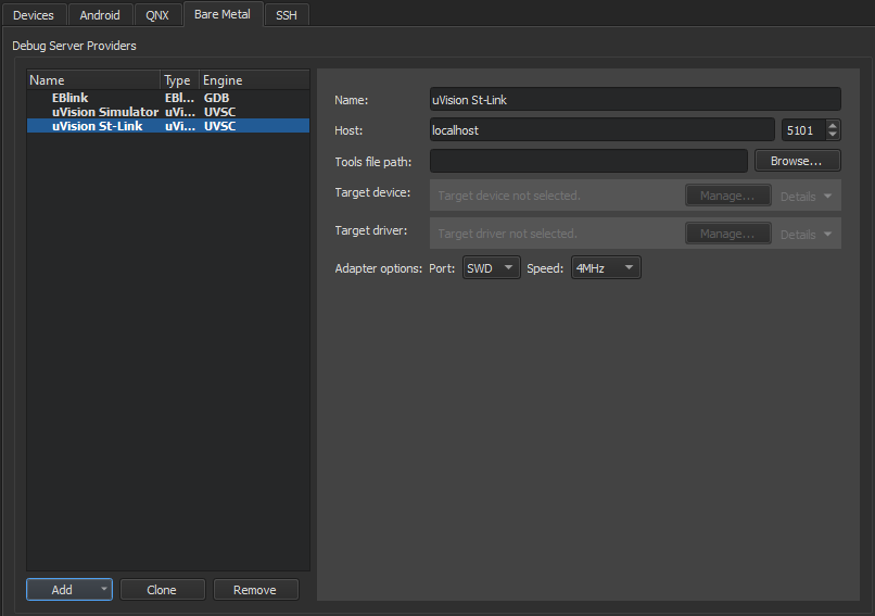 "Bare metal device preferences for uVision St-Link"