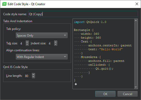 "Edit Code Style Settings view"