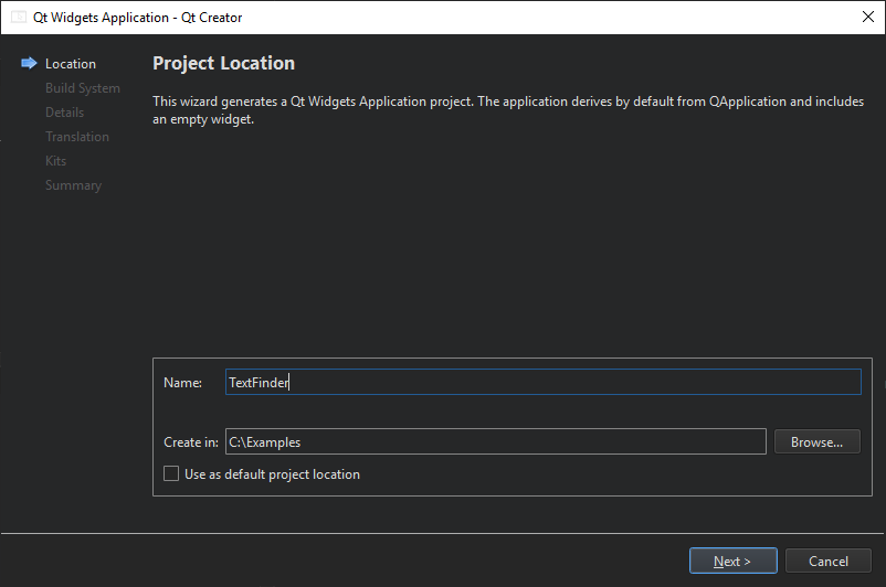 "Introduction and Project Location dialog"