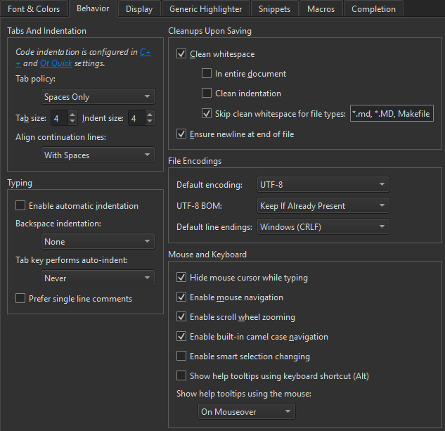 "Text Editor Behavior preferences"