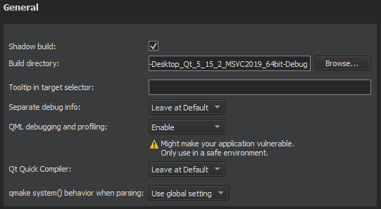 "qmake general build settings pane"