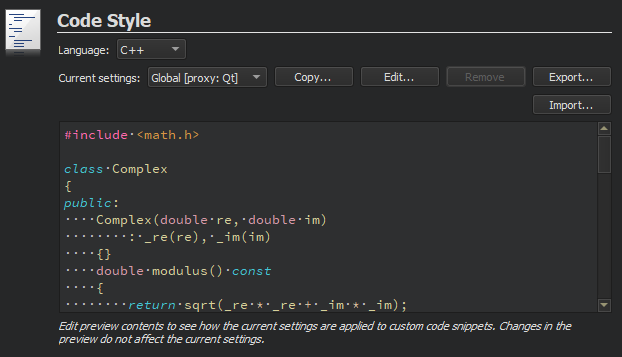 "Code Style settings in Projects mode"