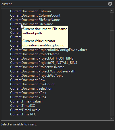 "Qt Creator Variables dialog displaying a tooltip"